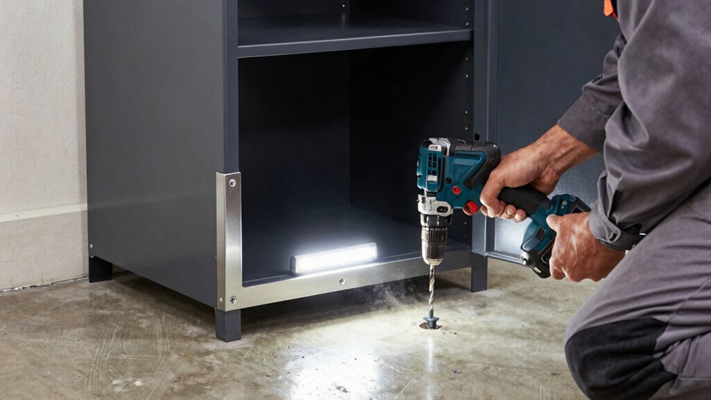floor anchoring a storage cabinet